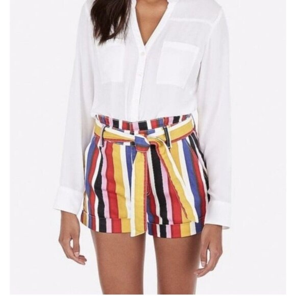 Express Paperbag Waist Jean Shorts Extreme High Rise Striped Y2K Retro Shortie 6 - Picture 11 of 12
